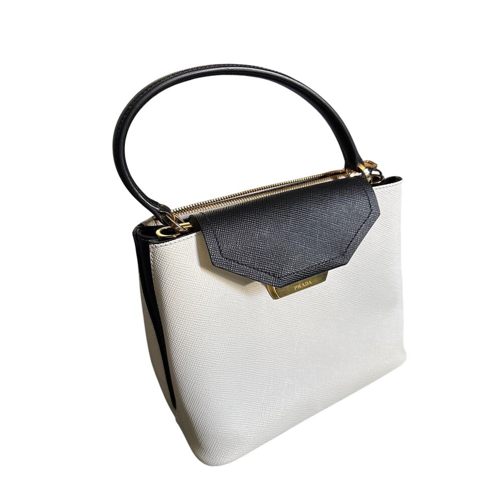 Prada Cartella Saffiano Leather Top Handle Bag White Black Gold HW NWOT - Picture 4 of 11